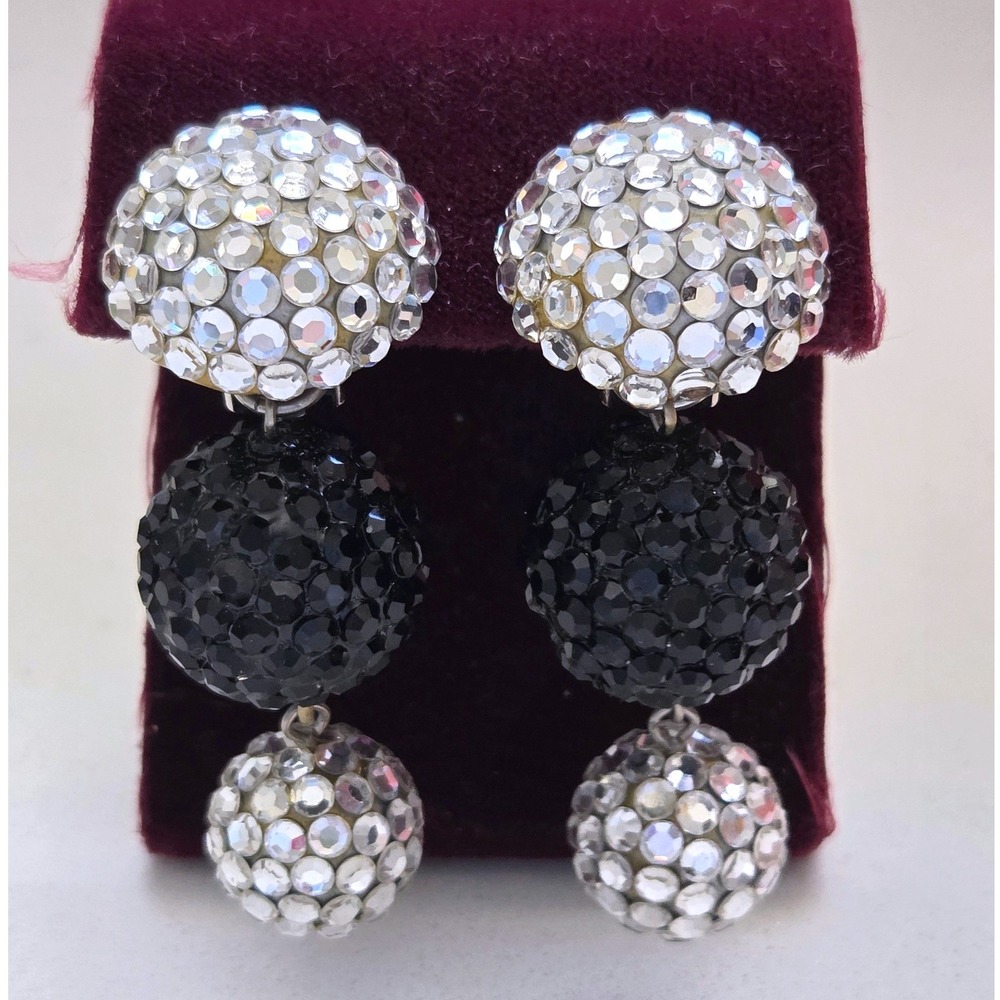 VTG Richard Kerr Black Clear Crystal Disco Ball Drop Clip On Earrings